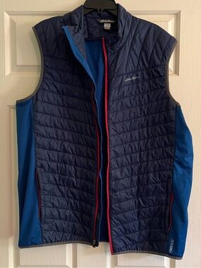 Eddie Bauer Navy Quilted Vest with Blue Panels and Red Trim